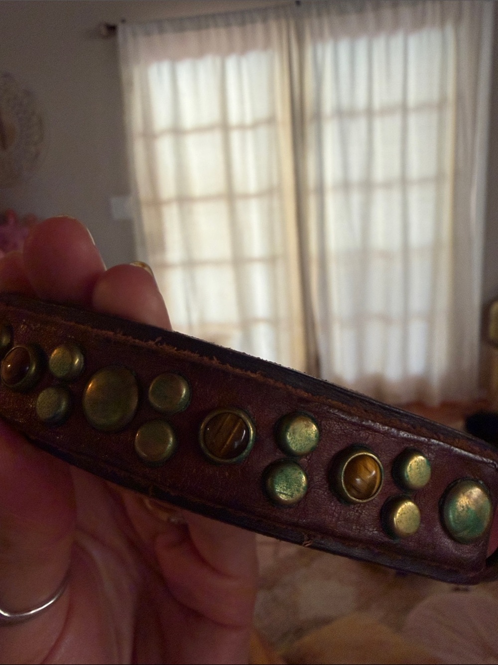 Tigers eye leather stud detail dog collar - Picture 3 of 8